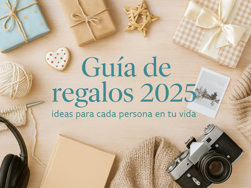 cartel guía de regalos 2025 con varios regalos  sobre la mesa

