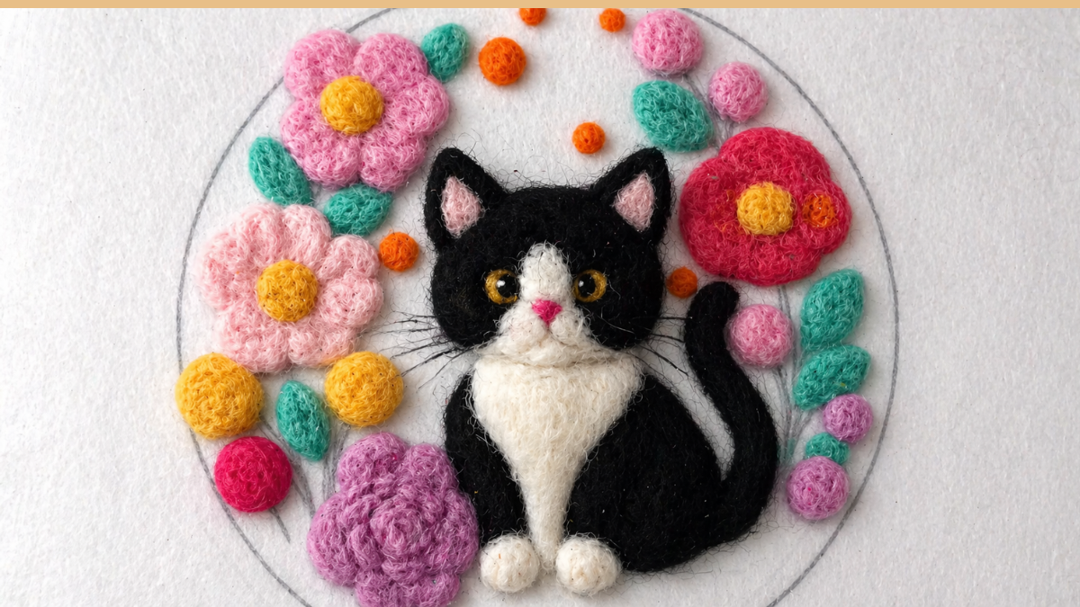 adorable cuadro de gatito con flores con lana cardada