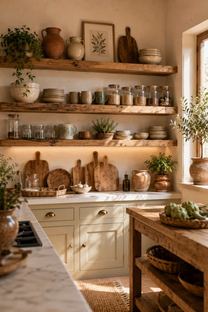 Cocina con estanterías abiertas de madera