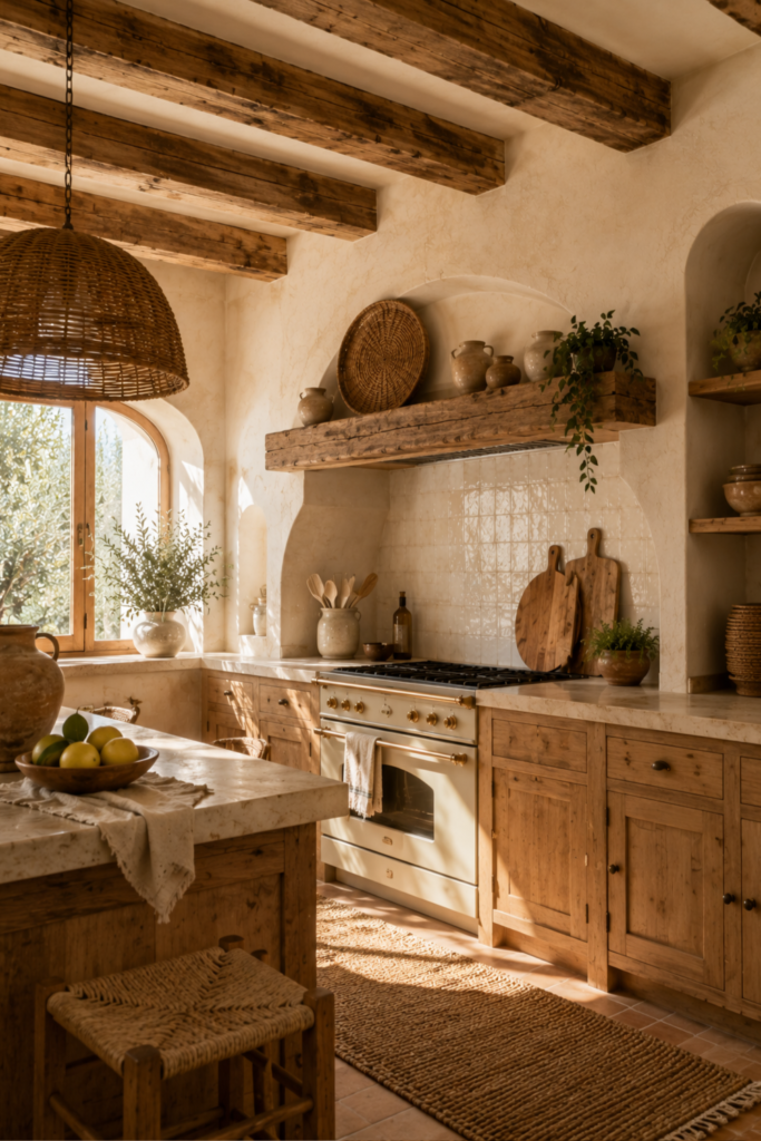 cocina con vigas en el techo